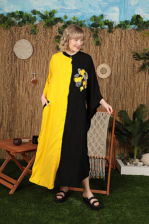 Viskon Kumaş Garnili Nakışlı Kadın Salaş Elbise-Sarı-Siyah