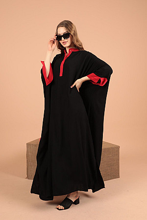 Viskon Kumaş Arkası Çiçek Nakışlı Kadın Elbise-Siyah/Kırmızı