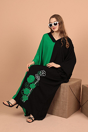 Viskon Kumaş Garnili Nakışlı Kadın Elbise-Yeşil
