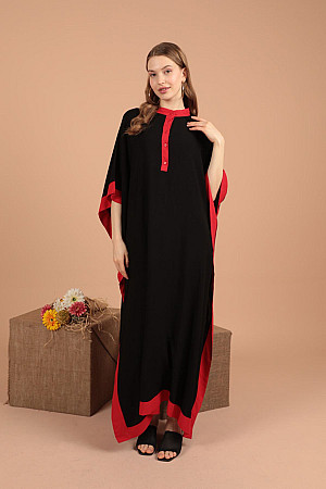 Viskon Kumaş Garnili Nakışlı Elbise-Siyah/Kırmızı