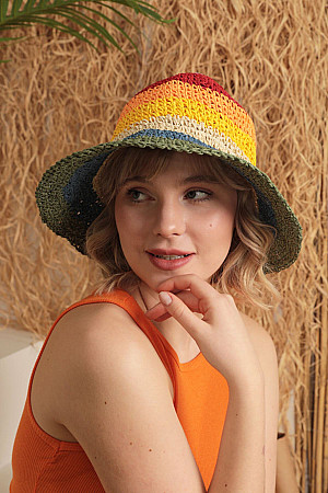 El Örgülü Çok Renkli Hasır Kadın Şapka-Renkli
