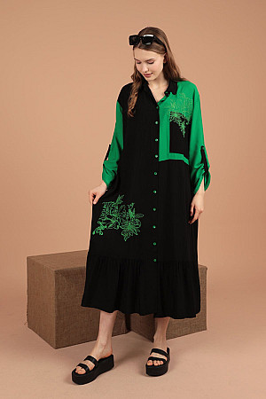 Viskon Kumaş Garnili Nakışlı Kadın Elbise-Siyah-Yeşil
