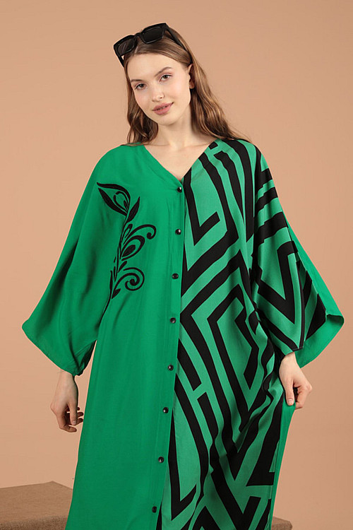 Viskon Kumaş Pano Baskı Kadın Salaş Elbise-Yeşil