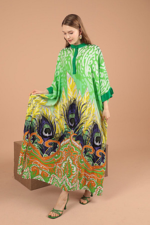 Viskon Empirme Tüy Desen Oversize Elbise-Yeşil
