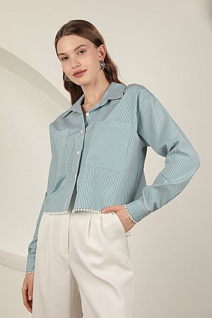 Striped Fabric Women&#39;s Crop Shirt-Green