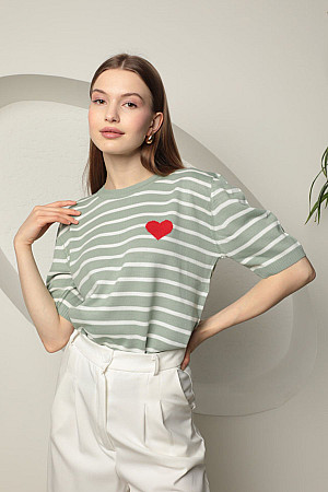 Triko Çizgili Kalp Desenli  Kısa Kol Kadın Bluz-Mint