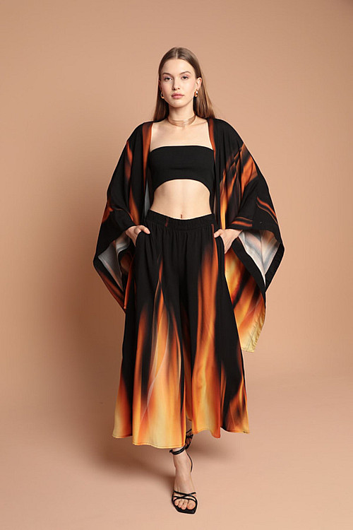Viskon Kumaş Renk Geçişli Kadın Kimono Takım-Siyah