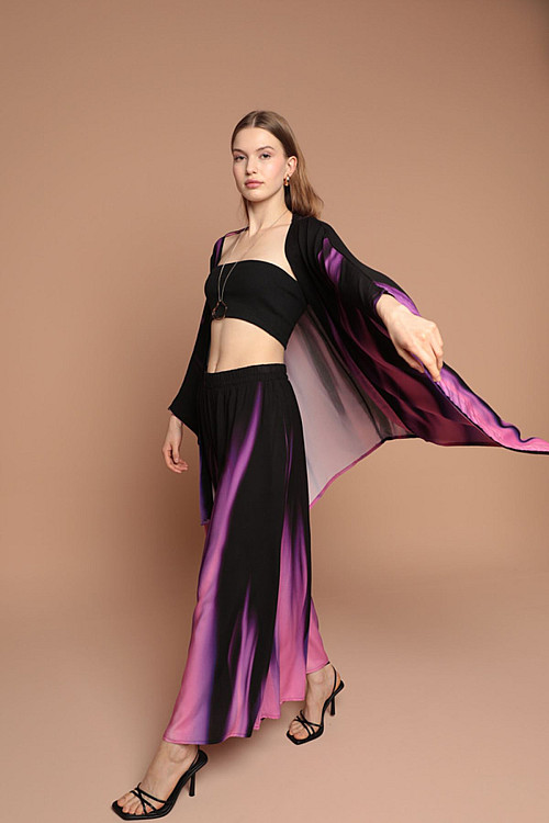Viskon Kumaş Renk Geçişli Kadın Kimono Takım-Mor