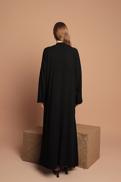 Viskon Kumaş Nakış Detaylı Kadın Elbise-Siyah