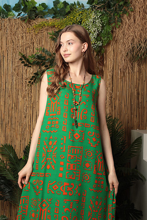 Viskon Kumaş Etnik Desen Basıc Kadın Elbise-Yeşil