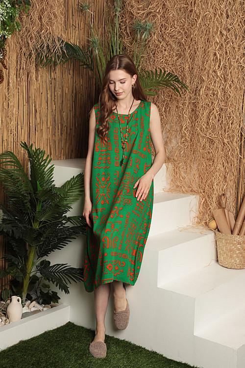 Viskon Kumaş Etnik Desen Basıc Kadın Elbise-Yeşil