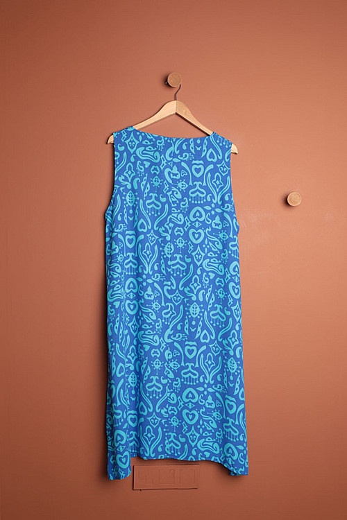 Viskon Empirme Etnik Desen Kadın Basıc Elbise-Mavi