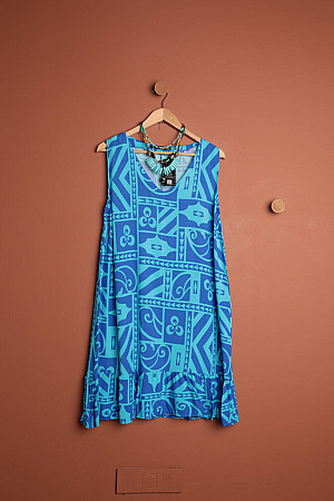 Viskon Kumaş Kilim Desen Kadın Basıc Elbise-Mavi