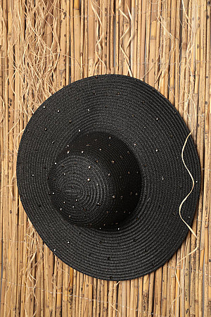 Full Taşlı Geniş Kadın Hasır Şapka-Siyah