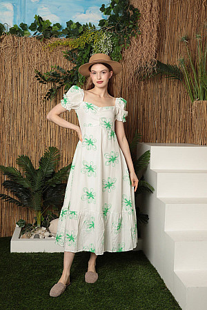 Viskon Kumaş Çiçek Nakış Karpuz Kol Kadın Elbise-Yeşil