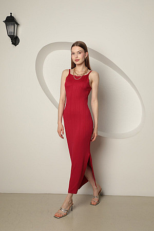 Triko Kumaş Kadın Halter Yaka Elbise-Kırmızı