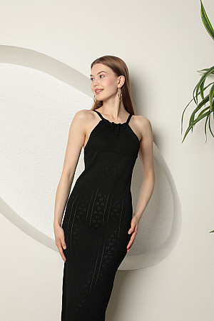 Triko Kumaş İpli Halter Yaka Kadın Armürlü Elbise-Siyah