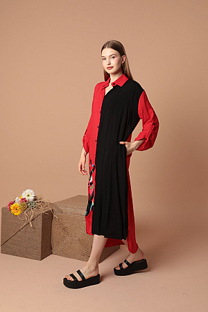Viskon Kumaş Aplike Nakış Kadın Gömlek Elbise-Kırmızı