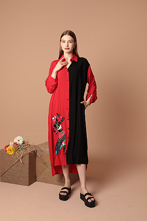 Viskon Kumaş Aplike Nakış Kadın Gömlek Elbise-Kırmızı