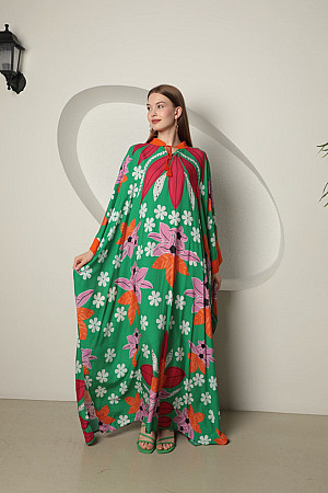 Viskon Kumaş Çiçek Desen Kadın Elbise-Yeşil
