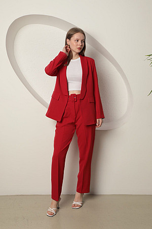 Atlas Kumaş Kadın Ceket Pantolon Takım-Kırmızı