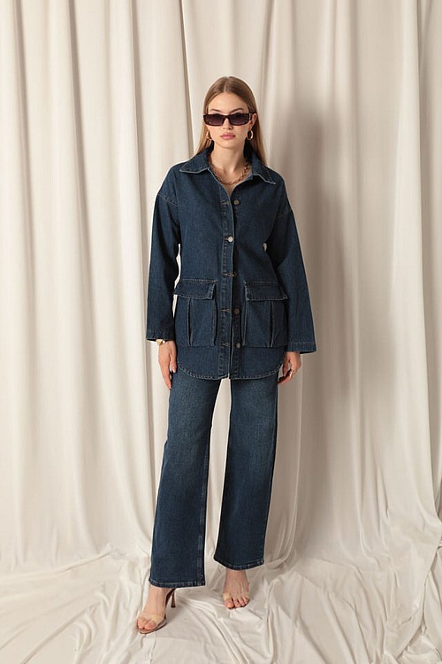 Denim Kumaş Cep Detay Kadın Lacivert Kot Ceket