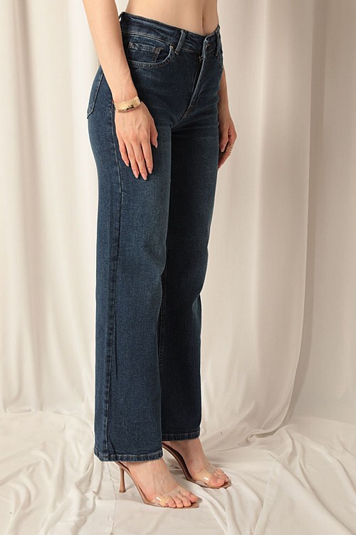 Denim Kumaş Wide Leg Kadın Lacivert Kot Pantolon