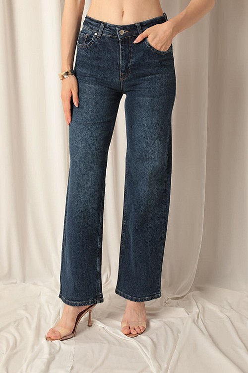 Denim Kumaş Wide Leg Kadın Lacivert Kot Pantolon