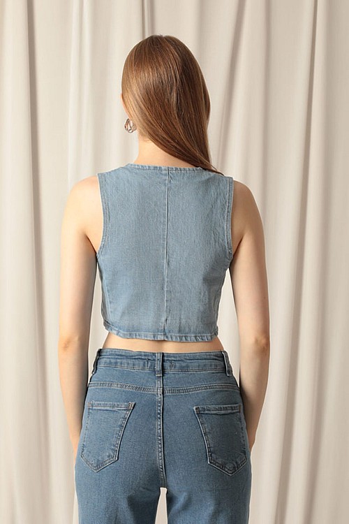 Denim Kumaş Kadın Mavi Kot Yelek
