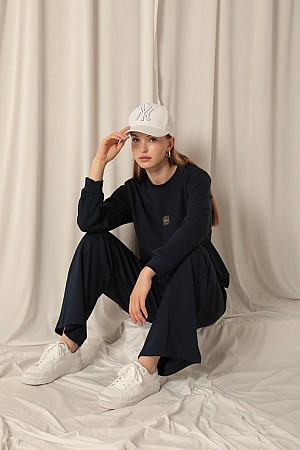 Modal Fabric Metal Accessory Women&#39;s Navy Blue Suit