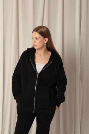Three Thread Kangaroo Pocket Zippered Hooded Women&#39;s Black Sweat