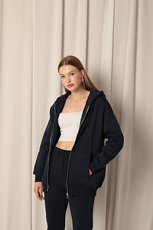 Triple Yarn Kangaroo Pocket Zippered Hooded Women&#39;s Navy Blue Sweat
