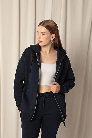 Triple Yarn Kangaroo Pocket Zippered Hooded Women&#39;s Navy Blue Sweat