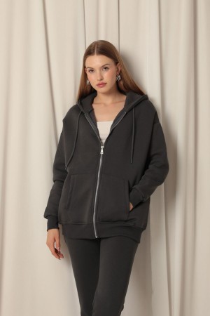 Triple Yarn Kangaroo Pocket Women&#39;s Zippered Hooded Sweat-Anthracite
