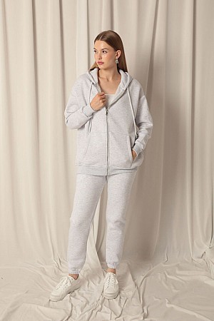 Three Yarn Kangaroo Pocket Zippered Hooded Women&#39;s Gray Sweat