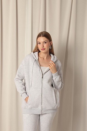 Three Yarn Kangaroo Pocket Zippered Hooded Women&#39;s Gray Sweat