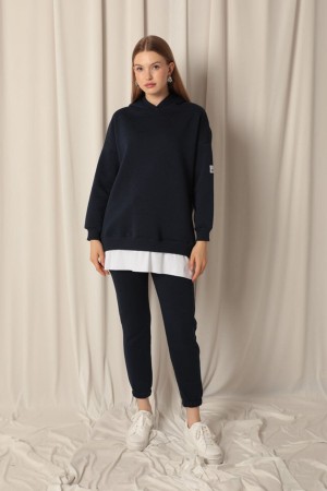 Three Thread Fabric Hooded Women&#39;s Navy Blue Sweat
