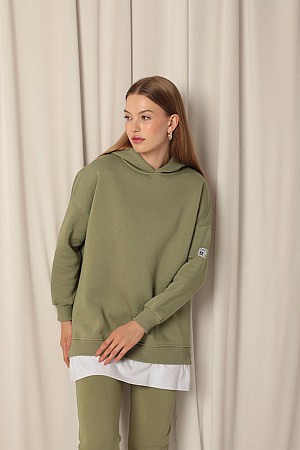 Three Thread Emblem Detail Skirt Garnished Hooded Women&#39;s Khaki Sweater