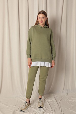 Three Thread Emblem Detail Skirt Garnished Hooded Women&#39;s Khaki Sweater