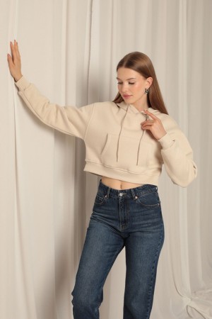 Three Thread Fabric Hooded Short Women&#39;s Beige Sweat