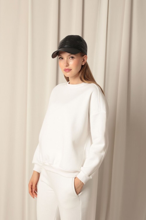 Üç İplik Sıfır Yaka Çimalı Kadın Ekru Sweat