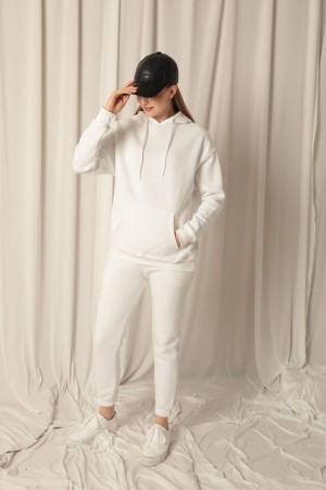 Three Yarn Fabric Kangaroo Pocket Hooded Women&#39;s Ecru Sweat