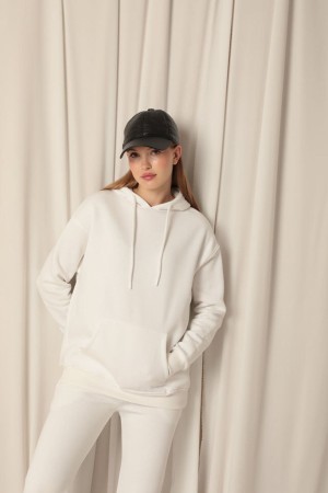 Three Yarn Fabric Kangaroo Pocket Hooded Women&#39;s Ecru Sweat