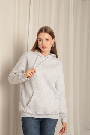 Triple Yarn Kangaroo Pocket Hooded Women&#39;s Sweat-Light Gray