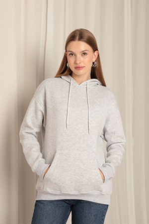Triple Yarn Kangaroo Pocket Hooded Women&#39;s Sweat-Light Gray