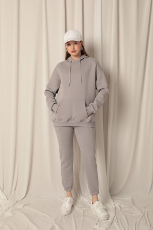 Three Yarn Fabric Kangaroo Pocket Hooded Women&#39;s Gray Sweat
