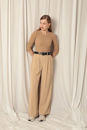Tencel Fabric Women&#39;s Woven Beige Trousers