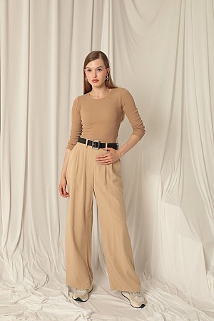 Tencel Fabric Women&#39;s Woven Beige Trousers