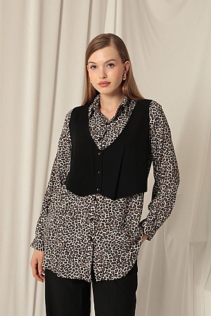 Women&#39;s Crisp Leopard Shirt with Viscose Fabric Vest