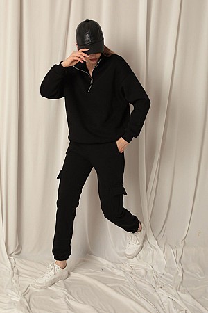Three Thread Elastic Women&#39;s Black Tracksuit